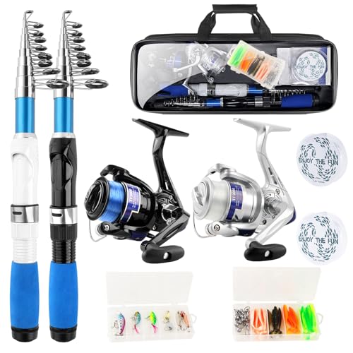 Collapsible Fishing Rod Set, 2.1m/6.89ft w/ 2 Spinning Reels, 2 Sets Lures, 100m Line, Carrier Bag - Fresh & Saltwater
