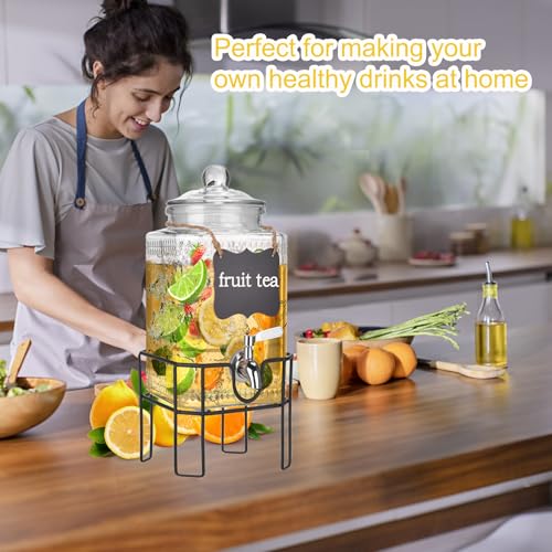 1.5 Gallon Glass Drink Dispenser, Drink Dispensers for Parties, Beverage Dispenser with Stand and Glass Lid, 100% Leakproo...