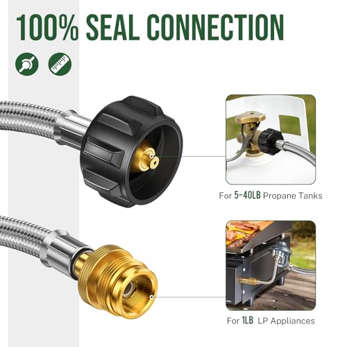 8ft Propane Hose Connects 1LB Portable Grill/Heater to 20lb Propane Tank, for Buddy Heater, Q Series Travel Grill/17&22” G...