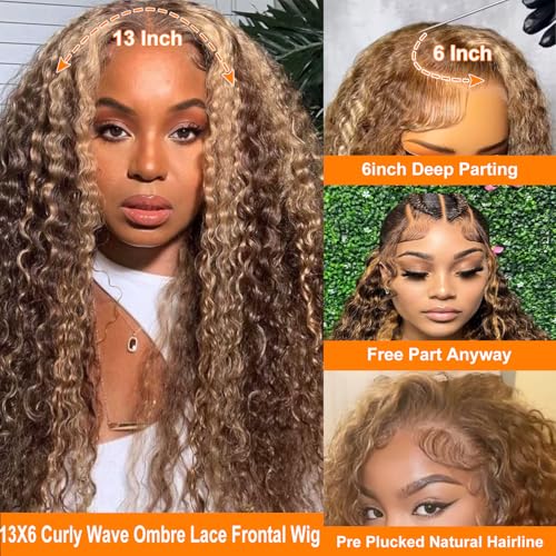 200 Density 13x6 Deep Wave HD Transparent Honey Blonde Ombre Lace Front Wigs 100% Human Hair Pre Plucked 4/27 Highlight Jerry Curly Wet And Wavy Human Hair Wigs For Black Women With Baby Hair 26 inch