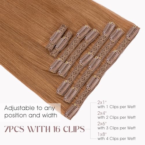 Elailite Clip in Hair Extensions Real Human Hair, Remy Hairpieces for Women, 7PCS Lace Weft Full Head, 16 Inch 110g Light Auburn