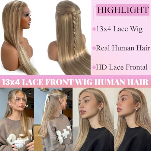 Balayage Ash Blonde Wig Human Hair Glueless 13x4 Lace Front Wigs Pre Plucked 18 Inch Straight Ash Brown to Ash Blonde with #60 Blonde Highlight Wig 180% Density
