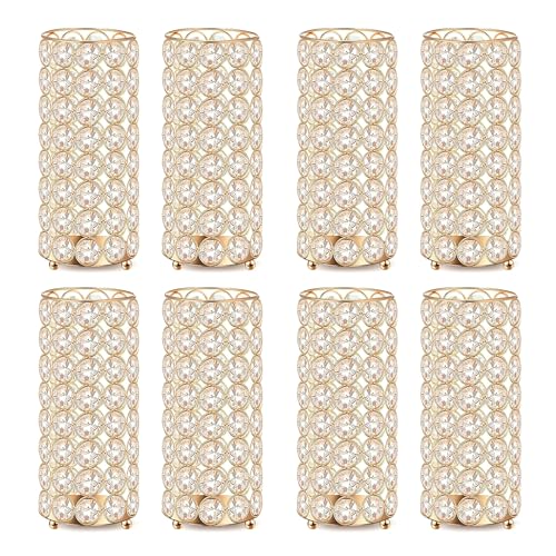 8 Pcs Gold Crystal Flower Vase and Pillar Candle Holder Set, 7.87" Metal Cylinder Stand for Wedding Table Centerpieces, Fl...