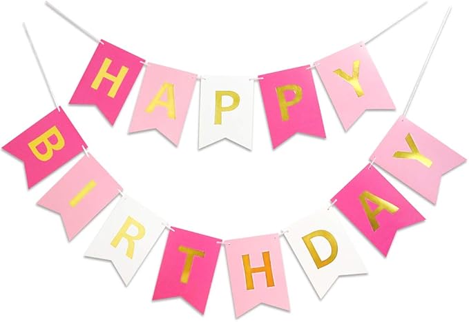 Roseo Pink Happy Birthday Banner Signs Golden Sparkle Funny Birthday Party Supplies for Girls Party Decorations Nursery De...