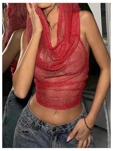 Floerns Rave Outfits for Women Sexy Backless Hoodie Draped Halter Tank Top Going Out Concert Festival Party Streetwear