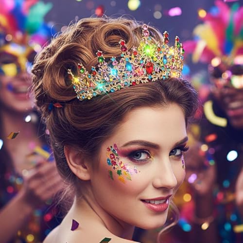 Urieo Light Up Crystal Crown Colorful Rhinestone Tiara Headbands Carnival Princess Prom Halloween Hair Accessories for Women