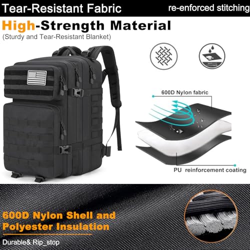 Tactical Backpack 45L Army Military Rucksack, Water Resistant MOLLE EDC Pack, Large 3 Day Bug Out Bag for Men & Women, Dur...