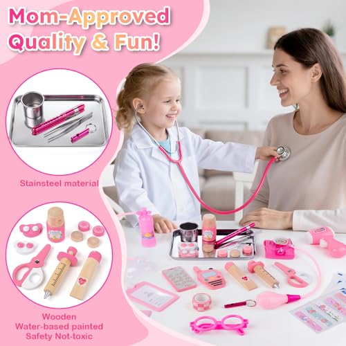 Sundaymot Doctor Kit for Girls, 34 Pcs Doctor kit for Toddlers 3-5 with Medical Storage Bag & Real Stethoscope Pretend Pla...