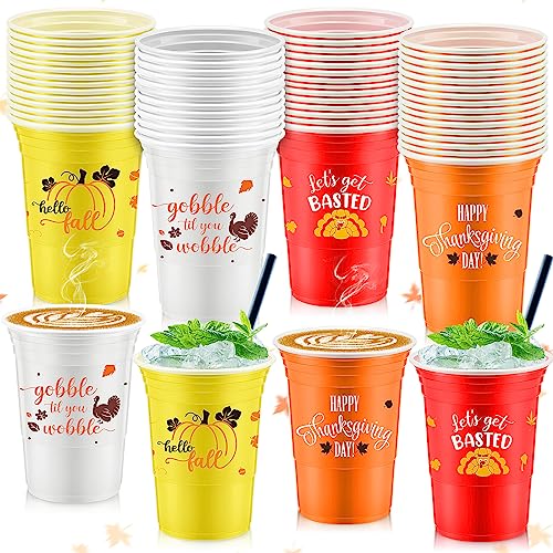 Uiifan 100 Pcs Thanksgiving Plastic Cups 16 oz Disposable Fall Party Cup Friendsgiving Plastic Stadium Cups Turkey Pumpkin...