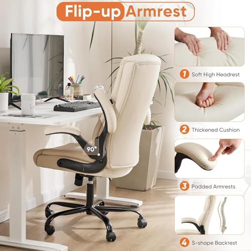 Sweetcrispy Ergonomic Office Chair Heavy Duty Task Desk Chair with Flip-up Arms, PU Leather, Adjustable Swivel Rolling Cha...