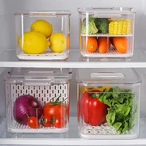 SANNO Fridge Produce Saver Stackable Refrigerator Organizer Keeper with Lids and Removable Drain Tray for Veggie, Berry, Fruits and Vegetables,Pack of 2