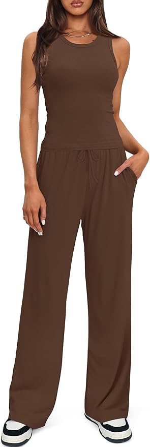 Darong Women's 2 Piece Outfits Lounge Sets Sleeveless Tank Tops Wide Leg Pants Sets Tracksuits Match Sets