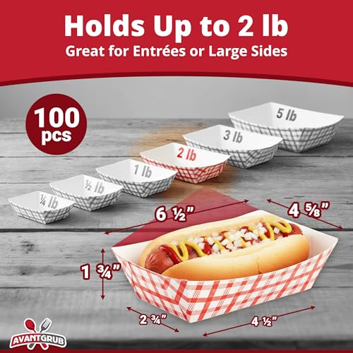 Heavy Duty, Grease Resistant 2 Lb Paper Food Trays 100 Pk. Recyclable, Coated Paperboard Basket Ideal for Festival, Carniv...