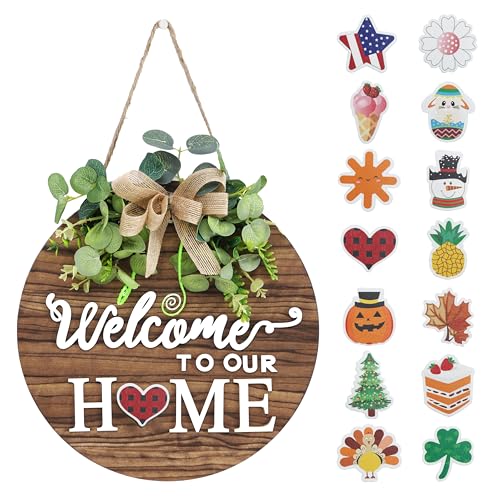Interchangeable Seasonal Welcome Sign Front Door Decoration, Rustic Round Wood Wreaths Wall Hanging Outdoor, Farmhouse, Po...