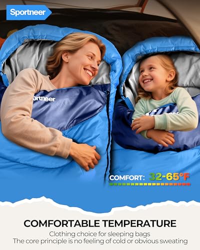 Sportneer Sleeping Bag for Adults & Kids, Cold Weather 3–4 Season Camping Sleeping Bags with 32–65℉ or 50–80℉ Temperature ...