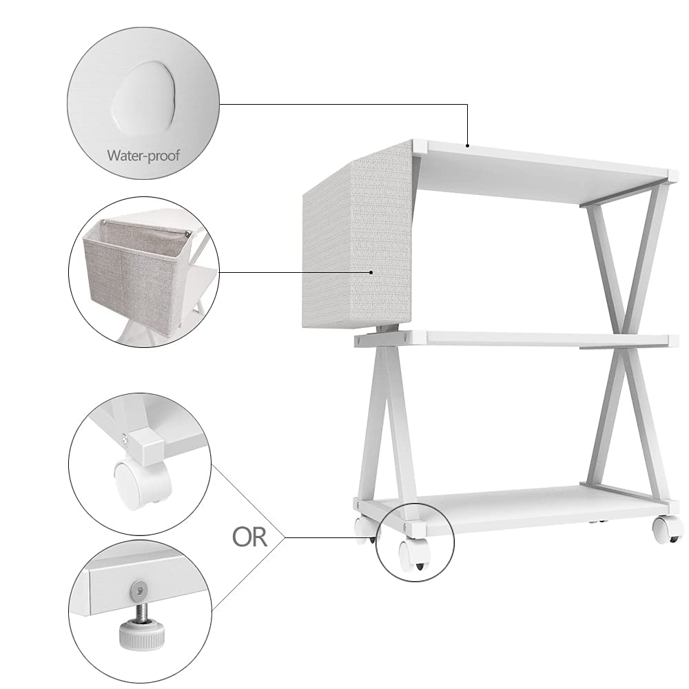 VEDECASA White Mobile Printer Stand 3 Tier Wood Shelf Metal Frame Printer Cart with Storage Bag for Home Office Modern Under Desk Table Side Printer Cart with Rolling Caster Wheel