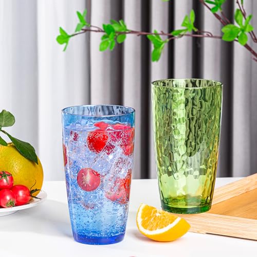 ZAINCA 20-ounce Plastic Tumblers, Acrylic Drinking Glasses High-Balls, set of 6 Green Reusable Plastic Cups, Hammered Styl...