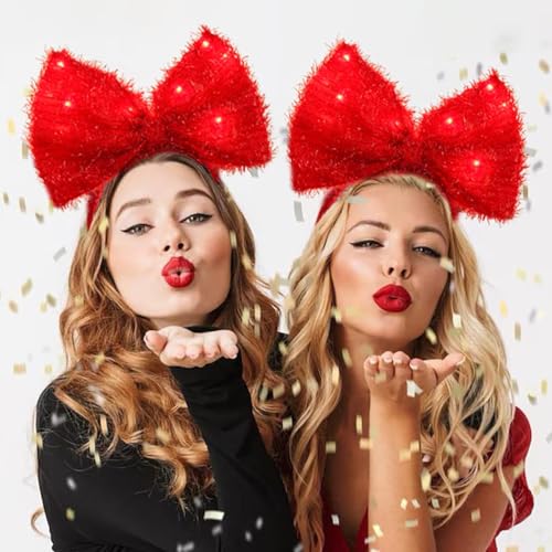 Bouory Light Up Bow Headbands LED Bowknot Hairband Red Bows Head Bands for Women (Red)