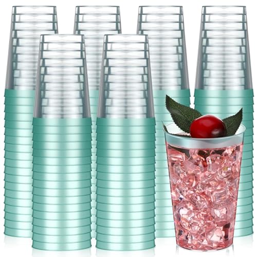 Patelai 100 Pcs Teal Blue Plastic Cups 12 oz Teal Blue Rimmed Plastic Cups Heavy Duty Disposable Wine Glasses Clear Cockta...