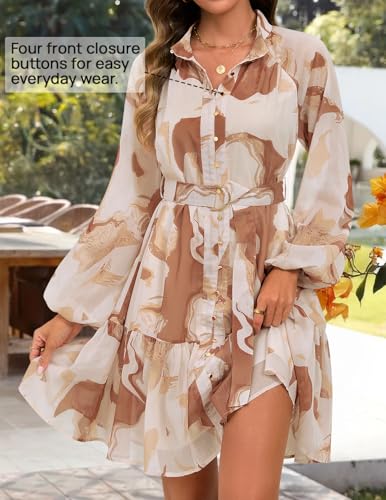 ZESICA Womens Floral Long Sleeve Mini Dress Spring Button Chiffon A Line Swing Short Wedding Guest Holiday Party Dresses