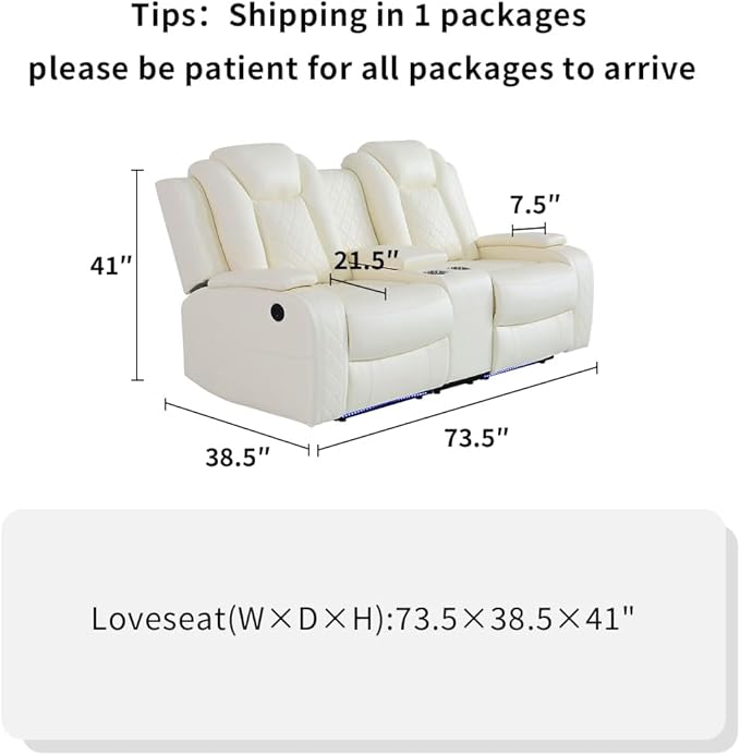 Leather Recliner Loveseat Set with LED Light, Power Leather Sectional Set, Living Room Furniture Sets 2 Seats, Modern Power Reclining Sofa Sets with Storage Console/Cup Holder for RV(Creamy White)