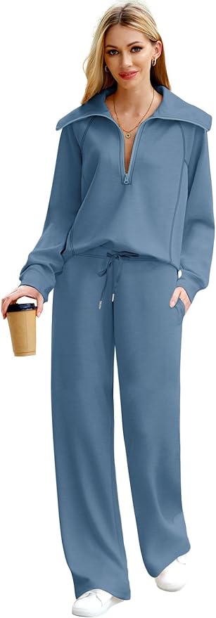 XIEERDUO Lounge Sets For Women 2025 Half Zip Sweatshirt And Wide Leg Sweatpant 2 Piece Outfits Sweatsuit Tracksuit