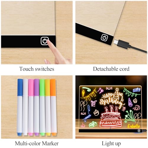 Exbelle 16“ LED Drawing Message Note Board 7 Colors Light Acrylic Dry Erase Lumiboard with Colors 2 Modes as Night Light f...