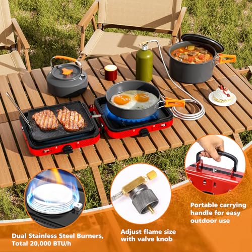 Hisencn Camping Stove,2 Burner Propane Stove,20000 BTU/h Camping Cooking set Includes Frying Pan,Kettle and Pot,Adjustable...