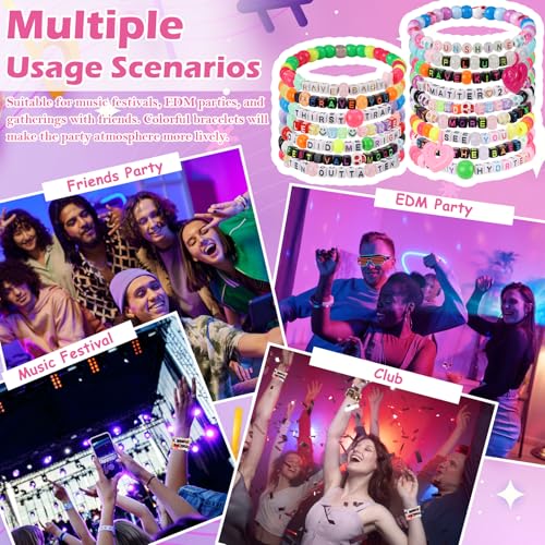 16/24/32Pcs Rave Kandi Bracelets Set Glow In The Dark EDM Music Stretch Bracelets Multi Color Beaded Kandi Cuff Rave Acces...