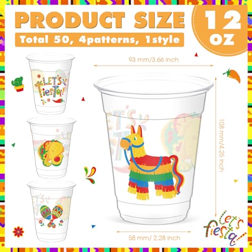 Yaomiao 50 Pcs Fiesta Cups Plastic Mexican Cups Bulk Disposable Margarita Glasses 12 oz Cinco De Mayo Fiesta Drinkware for...