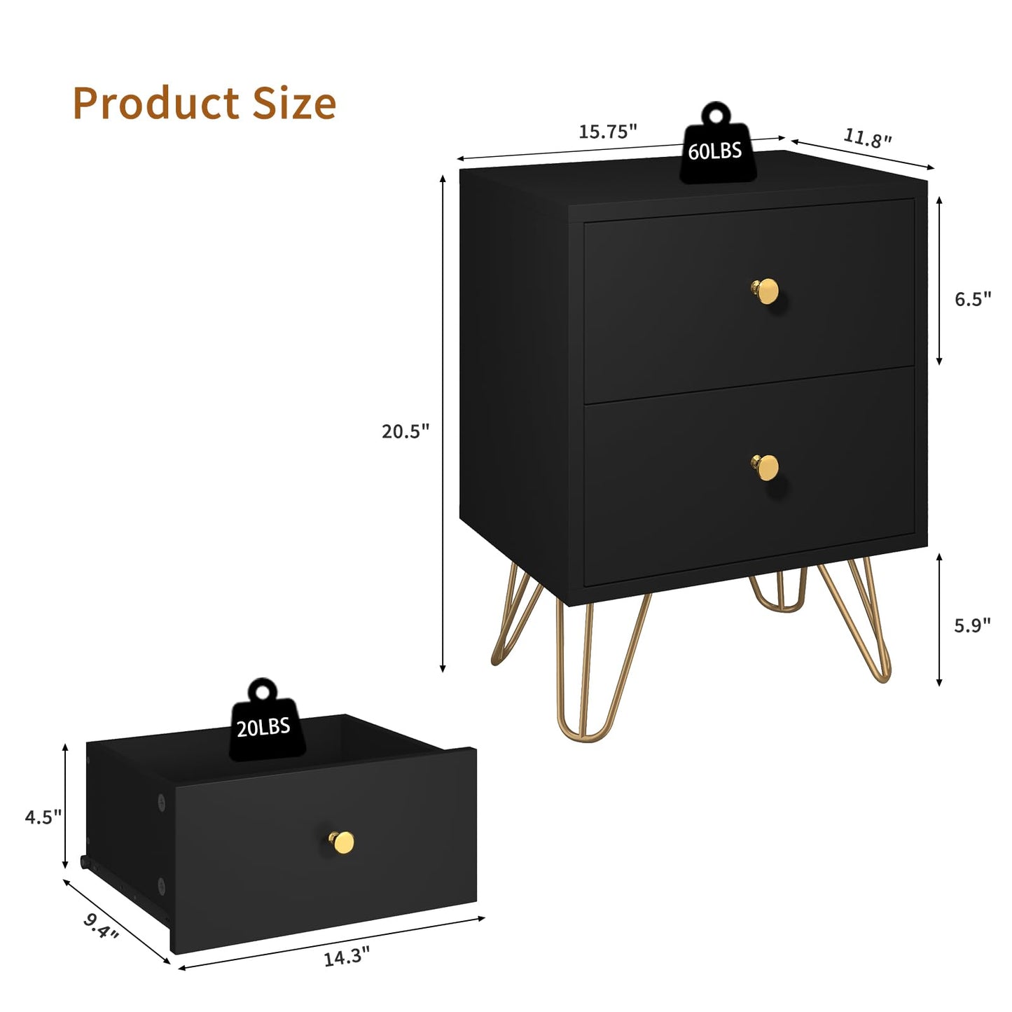 Tradare 6 Drawer Dresser and Nightstand Set of 2, Modern Black and Gold Dresser Set with Golden Handles, 2-Drawer Nightstand & 6-Drawer Chest of Drawers