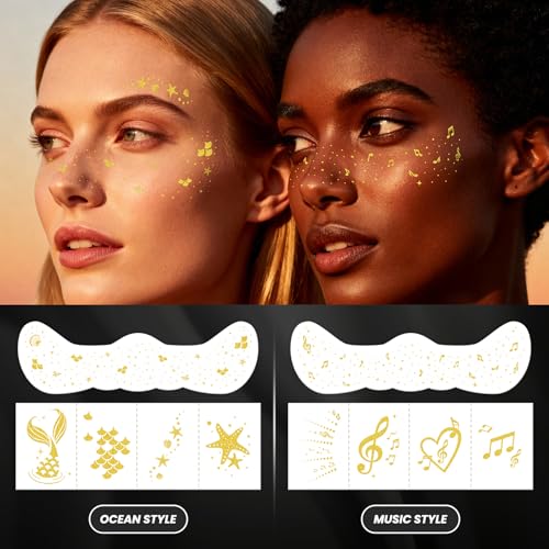 30PCS Glitter Freckles Face Tattoos & Face Gems Set, Multi-Style Gold Glitter Temporary Tattoos for Valentine's Day Makeu...