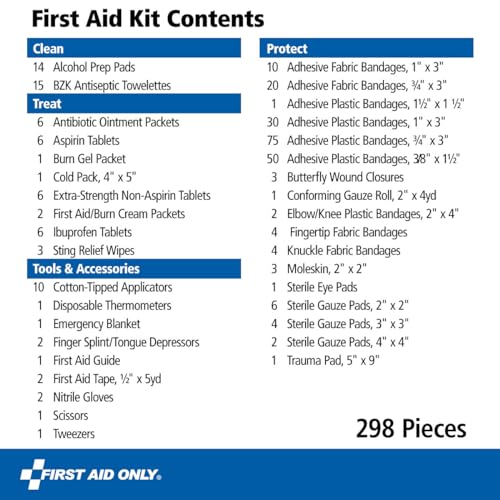 First Aid Only 298 Piece All-Purpose Emergency First Aid Kit for Home, Office, Car, Apartment, Dorm, and Camping, Travel-F...