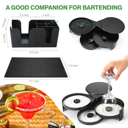 Bartending Supplies - 18" x 12" Bar Mat Garnish Tray with Lid Bar Caddy 3 Tier Bar Glass Rimmer, 2 Plastic Juice Pour Bott...
