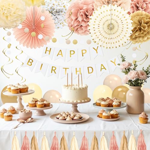 YTHETM Champagne Gold Fall Boho Birthday Decorations for Women Girls Beige Cream Neutral Party Decorations Happy Birthday ...