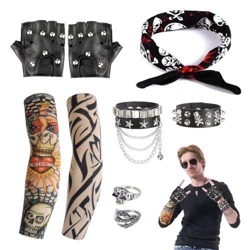 BIBARAJM 6 Pcs Rocker Costume Men's Disco Costume Men's Party Costume Men with Sunglasses Sleeves Gloves Ring Headscarves ...