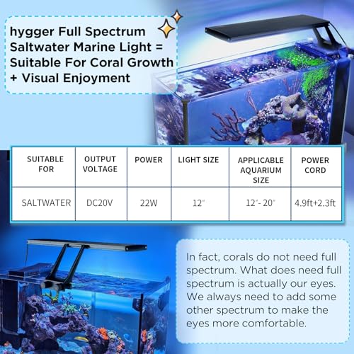 hygger Clip On 24/7 Saltwater Aquarium LED Light, 22W Sunrise-Daylight-Moonlight Mode and DIY Mode, Adjustable Timer Adjus...