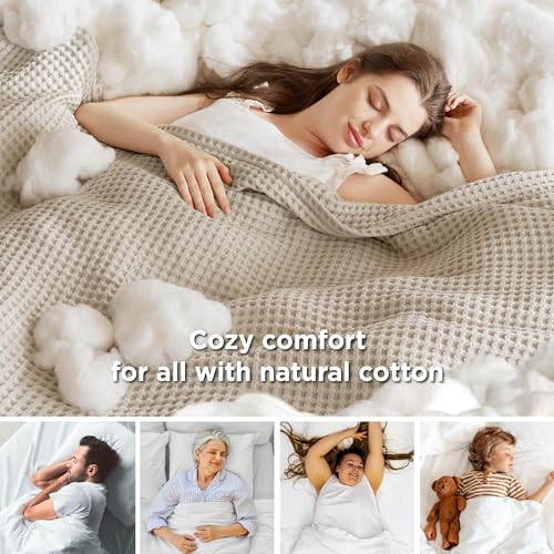 Bedsure 100% Cotton Blanket Queen Size for Spring Summer, Waffle Weave Thin Lightweight Breathable Blanket for Bed, Cotton...