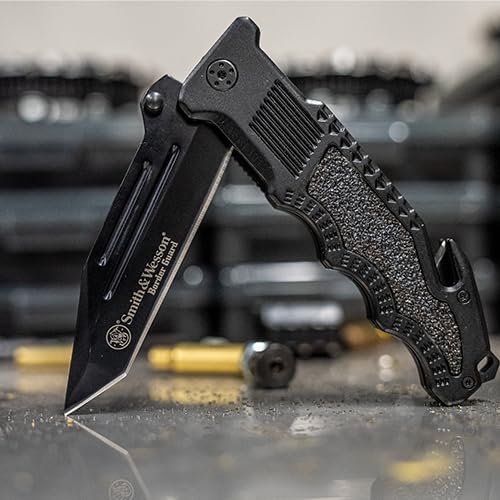 Smith & Wesson Border Guard 10in High Carbon S.S. Folding Knife with 4.4in Tanto Blade and Aluminum Handle for Tactical, S...