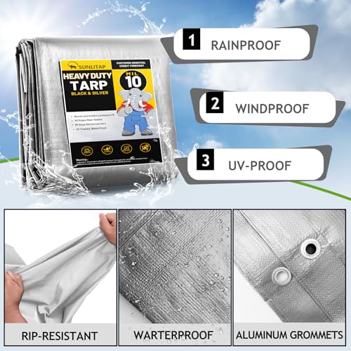 SUNLITAP 10 Mil Heavy Duty Waterproof Tarps, 20x30 Ft Finished Size Tarps, Premium Tarp with Metal Grommets & Reinforced E...