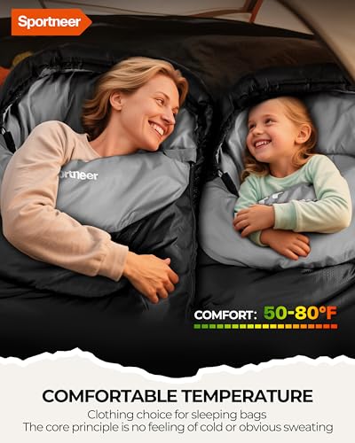 Sportneer Sleeping Bag for Adults & Kids, Cold Weather 3–4 Season Camping Sleeping Bags with 32–65℉ or 50–80℉ Temperature ...