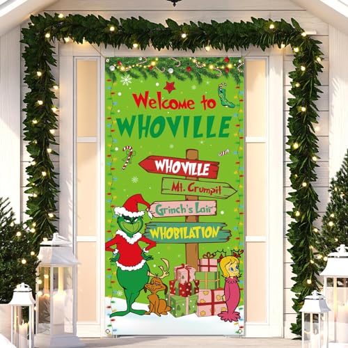 Sunwer Welcome Xmas Door Cover Green Elf Christmas Winter Holiday Party Decoration Front Porch Sign Backdrop Banner for Ho...