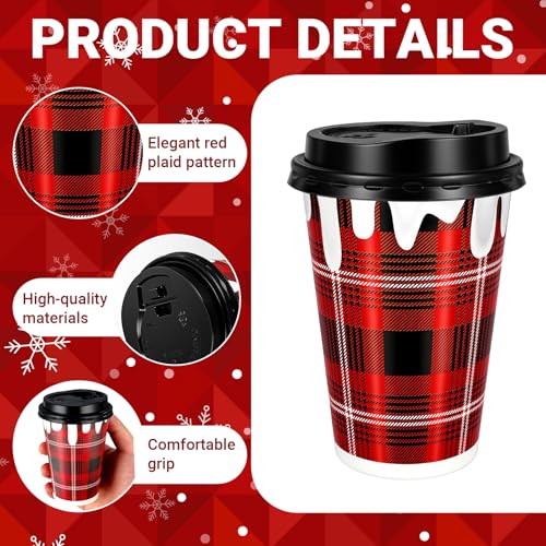 POTPTPT 100 Pieces Christmas Disposable Coffee Cups with Lids and Straws 12 oz Christmas Disposable Paper Cups Red Black P...