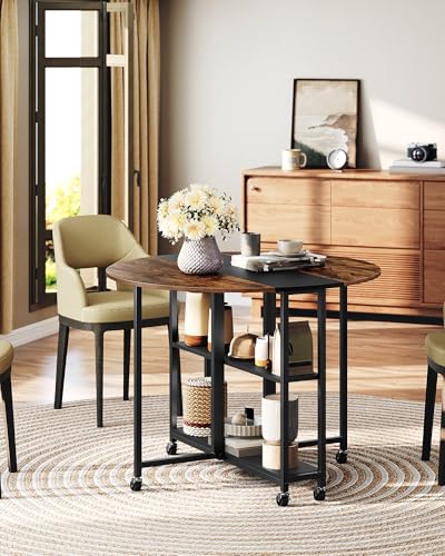 CHOEZON Folding Dining Table, Kitchen Table with 6 Wheels, Folding Round Table with 2-Layer Storage Shelf, Space Saving Di...
