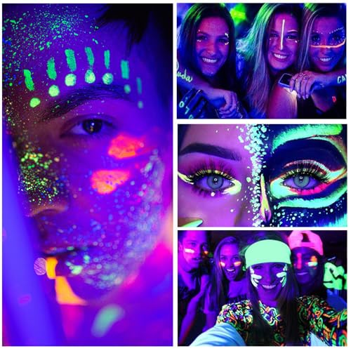 Glow in The Dark Glitter Gel with UV Neon Liquid Eyeliner Pen Set, Face Painting Makeup Kit, Christmas Mardi Gras Valentin...