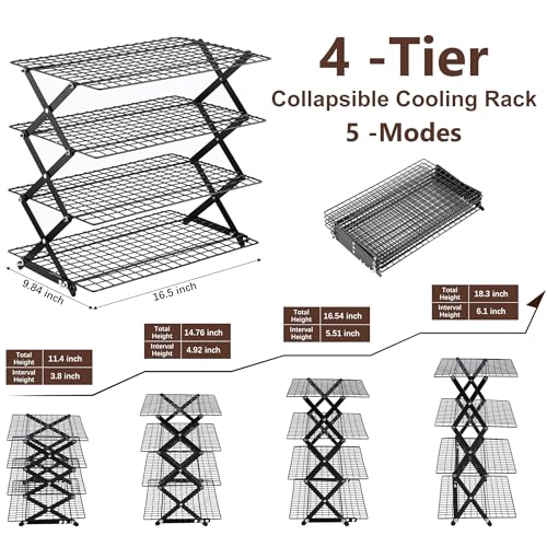 Pleafind 4 Tier Collapsible Cooling Rack - 3 Setting Design, Adjustable ＆ Stackable Baking Rack, 5 Modes Cooling Racks for...