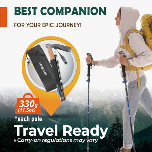 TREKOLOGY Trek-Z Cork Grip Trekking Poles Bundle with 6 Rubber Tip Replacements – Lightweight Folding Hiking Poles, Adjust...