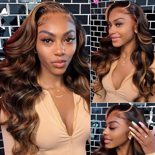 13x6 Body Wave Highlight Lace Front Wig Human Hair FB/30 Ombre Lace Front Wig Human Hair Pre Plucked HD Lace Frontal Wigs Human Hair 200% Density Colored Ombre Wig For Women 26 Inch