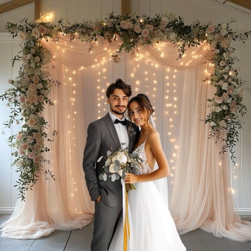 EMHOLDBU Champagne Tulle Backdrop Curtain with Lights String10x8ft Sheer Drapes for Wedding, Birthday, Baby Shower, Bridal...