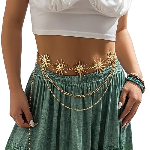 Women Multi-layere Tassel Sun Pendant Waist Belt Bikini Hollow Out Waist Chains Jewelry Metal Long Belly Chain Belt Rave P...